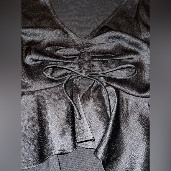 All in Favor Tie Front Satin Peplum Top in Black - Picture 7 of 10